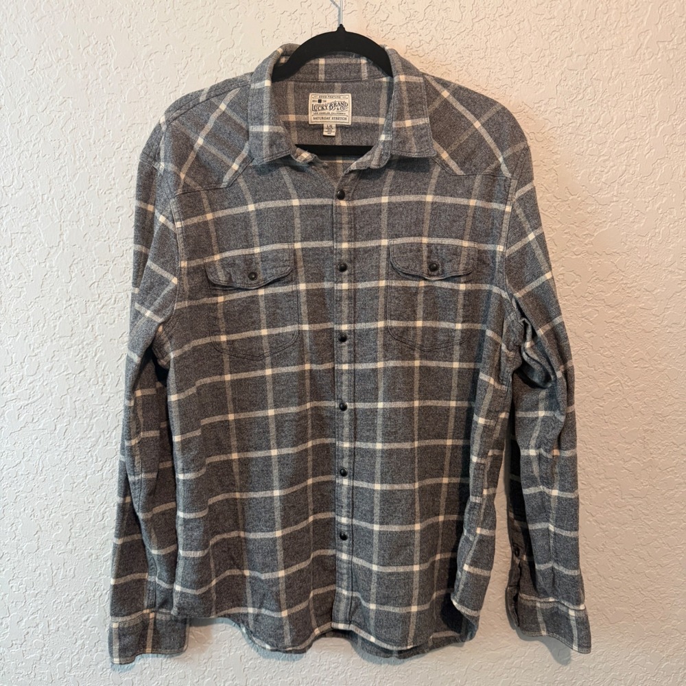 Lucky Brand Saturday Stretch Flannel Shirt Large‎ Grey Plaid Western Rugged